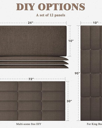 King Headboard, Wall Mounted Peel and Stick Headboard, Upholstered Tufted Bed Headboard for King Size Bed, Floating Dorm Bedroom Tall Headboard Soundproof Wall Panels (12 Panels, 10"x24") - LeafyLoom