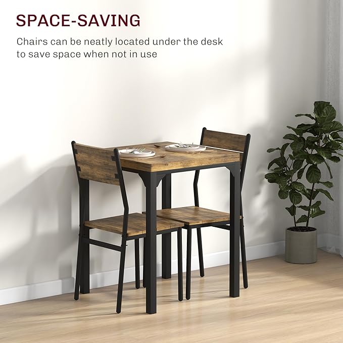 HOMCOM 3 Piece Dining Table Set for 2, Modern Kitchen Table and Chairs, Dining Room Set for Breakfast Nook, Small Space, Apartment, Space Saving, Rustic Brown - LeafyLoom