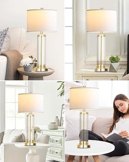 QiMH Touch Control Table Lamp Set of 2 with USB Ports, 3-Way Dimmable Nightstand Lamp with Fabric Cream Shade, Modern Bedside Lamp for Living Room Bedroom Reading, LED Bulbs Included - LeafyLoom
