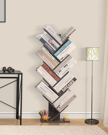 10 Tier Tree Book Shelf, Floor Standing Wood Bookshelf for Narrow Space, Storage Organizer Bookshelves for Books/CDs/Magazine, Bookcase with Shelves for Home Office, Living Room - Dark Grey - LeafyLoom