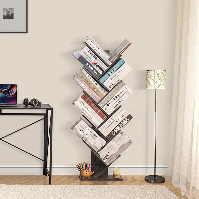 10 Tier Tree Book Shelf, Floor Standing Wood Bookshelf for Narrow Space, Storage Organizer Bookshelves for Books/CDs/Magazine, Bookcase with Shelves for Home Office, Living Room - Dark Grey - LeafyLoom