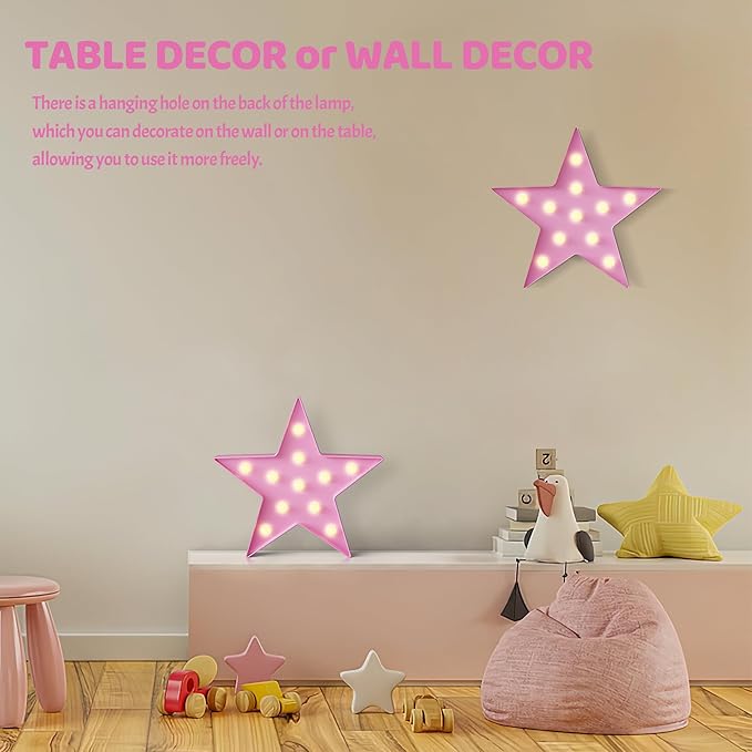 Pink Star Night Light for Kids, Battery Powered Birthday Party Decorations, Kids Room Decor for Bedrooms, Baby Night Light, Toddler Room Decor, Pink Room Decor, Pink Wall Decor for Bedroom - LeafyLoom