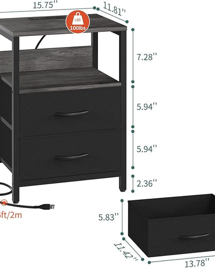 Yoobure Nightstand with Charging Station, Small Night Stand with Fabric Drawers and Storage Shelf for Bedrooms, Nightstands for Small Spaces, Bedside Table with USB Ports & Outlets, Bed Side Table - LeafyLoom