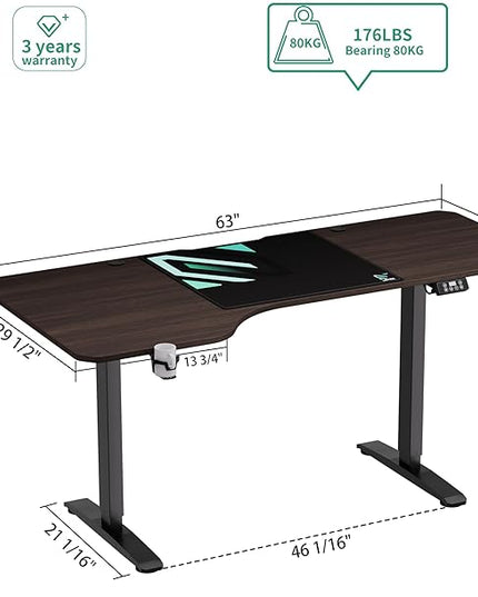 Standing Desk, L Shaped Adjustable Standing Desk, 63'' Corner Height Adjustable desk with Cup Holder, Headphone Hook, Cable Manager, and Mouse pad, Brown Panel - LeafyLoom