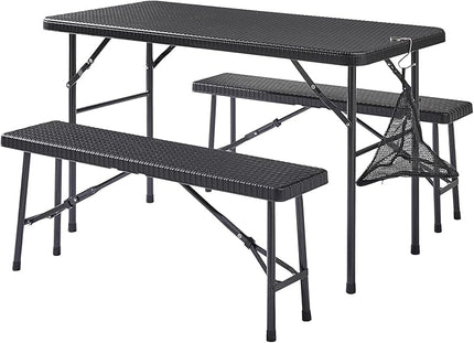VECELO Dining Table Set for 4, Faux Rattan Card Folding Dinette for Small Space with 2 Benches, Kitchen/Breakfast Nook/Living Room, No Assembly, 3 Piece, Black - LeafyLoom
