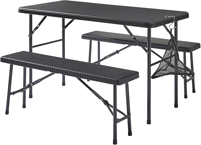 VECELO Dining Table Set for 4, Faux Rattan Card Folding Dinette for Small Space with 2 Benches, Kitchen/Breakfast Nook/Living Room, No Assembly, 3 Piece, Black - LeafyLoom