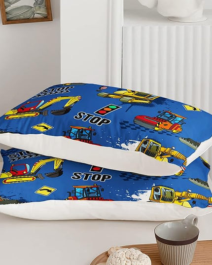 Axolotl Blue Excavator Bedding Queen,3Pcs Boys Construction Comforter Set,Cartoon Machinery Truck Bedding Set for Boys Kids Children Teens Bedroom Decor Cars Quilt Set with 1 Comforter 2 Pillowcase - LeafyLoom