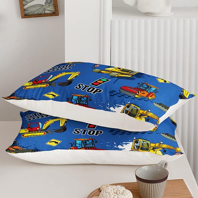 Axolotl Blue Excavator Bedding Full,3Pcs Boys Construction Comforter Set,Cartoon Machinery Truck Bedding Set for Boys Kids Children Teens Bedroom Decor Cars Quilt Set with 1 Comforter 2 Pillowcase - LeafyLoom