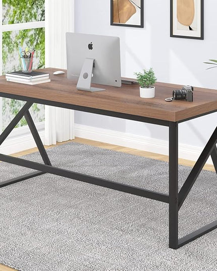 HSH Large Computer Desk, Industrial Modern Home Office Desk, Wooden and Metal PC Desk for Work Writing Study Gaming Bedroom, Farmhouse Vintage Computer Table Executive Workstation, Rustic Oak 60 Inch - LeafyLoom