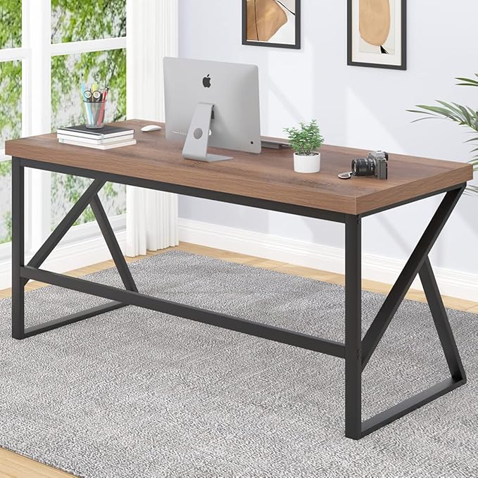 HSH Large Computer Desk, Industrial Modern Home Office Desk, Wooden and Metal PC Desk for Work Writing Study Gaming Bedroom, Farmhouse Vintage Computer Table Executive Workstation, Rustic Oak 60 Inch - LeafyLoom