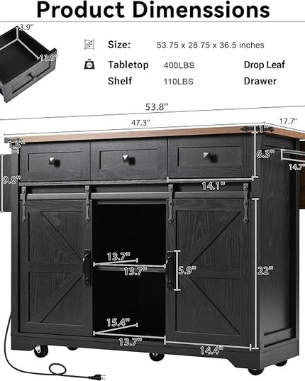 53.7" Farmhouse Kitchen Island with Power Outlet, 2 Sliding Barn Door Kitchen Storage Island with Drop Leaf, Spice Rack Rolling Kitchen Cart on Wheels for Home, Kitchen, Dining Room, Black - LeafyLoom