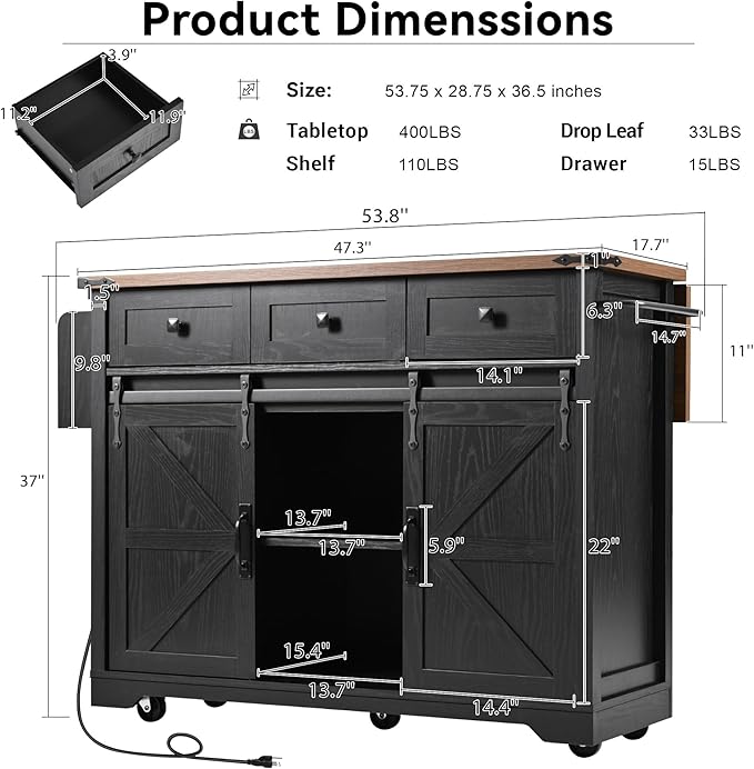53.7" Farmhouse Kitchen Island with Power Outlet, 2 Sliding Barn Door Kitchen Storage Island with Drop Leaf, Spice Rack Rolling Kitchen Cart on Wheels for Home, Kitchen, Dining Room, Black - LeafyLoom