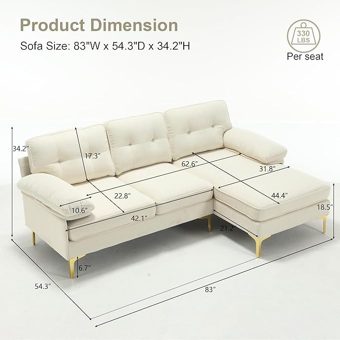 L Shaped Convertible Sleeper Sectional Sofa with Reversible Chaise, 3 Seater Corner Couch Bed with Detachable Pillow Armrest and Golden Metal Legs for Living Room Apartment Small Space - LeafyLoom