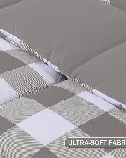 downluxe Lightweight Plaid Comforter Set (Twin) with 1 Pillow Sham - 2-Piece Set - Grey/White Plaid - Down Alternative Reversible Comforter - LeafyLoom