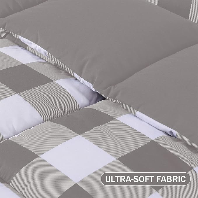 downluxe Lightweight Plaid Comforter Set (Twin) with 1 Pillow Sham - 2-Piece Set - Grey/White Plaid - Down Alternative Reversible Comforter - LeafyLoom