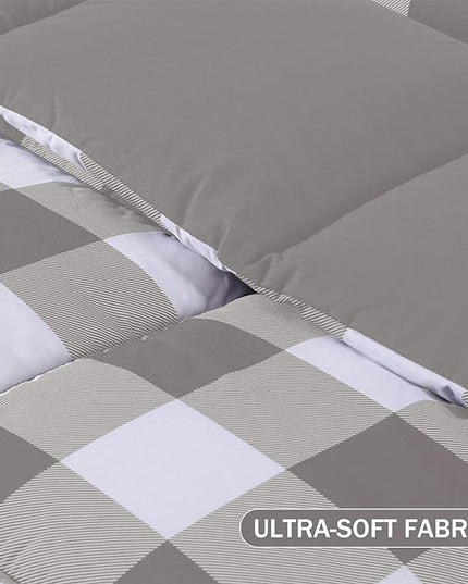 downluxe Lightweight Plaid Comforter Set (Queen) with 2 Pillow Sham - 3-Piece Set - Grey/White Plaid - Down Alternative Reversible Comforter - LeafyLoom