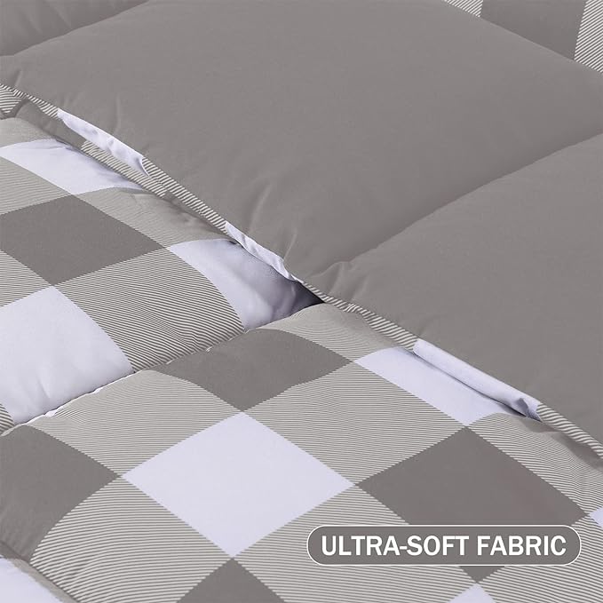 downluxe Lightweight Plaid Comforter Set (Queen) with 2 Pillow Sham - 3-Piece Set - Grey/White Plaid - Down Alternative Reversible Comforter - LeafyLoom