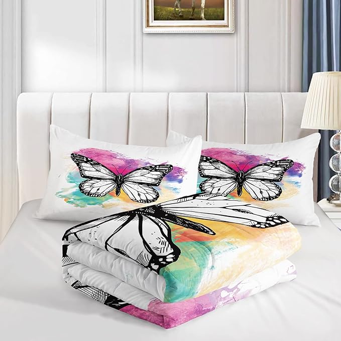 CVHOUSE Butterfly Bedding Set,Butterfly Comforter Twin,Butterfly Comforter Set for Girls Kids Teens,Butterflies Quilt Set with 1 Comforter and 2 Pillow Cases- 3 Piece - LeafyLoom