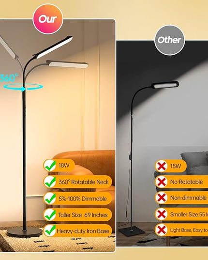 LED Floor Lamp, 18W Super Bright Floor Lamp for Living Room, Adjustable Stepless Colors & Brightness Gooseneck Standing Lamp, Eye Caring Reading Light with Remote& Touch Control for Bedroom Office - LeafyLoom