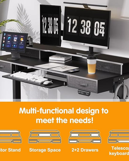 Electric Standing Desk, 55 Inches Height Adjustable Desk with Monitor Shelf, Large Sit Stand Desk with Drawers, Smart Home Office Computer Desk, Classic Black - LeafyLoom