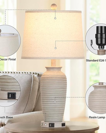 25" Farmhouse Jar Table Lamps Set of 2, 3 Way Touch Control Rustic Bedside Lamps with USB A+C Ports & AC Outlet, Pot Nightstand Lamps for Bedroom Living Room (LED Bulbs Included) - LeafyLoom