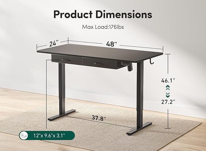 FEZIBO Adjustable Height Electric Standing Desk with Double Drawer, 48 x 24 Inches Stand Up Home Office Desk with Splice Tabletop, Black Frame/Black Top - LeafyLoom