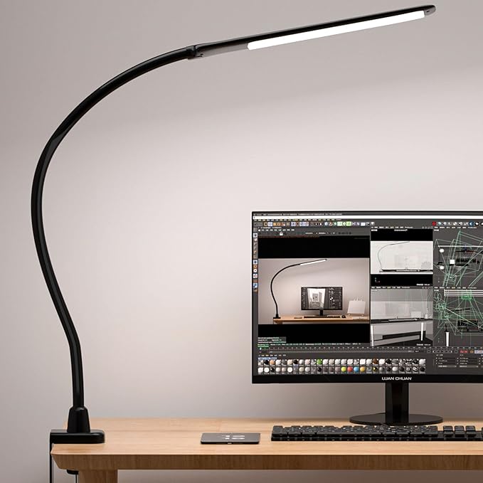 Desk Lamps for Home Office, 10W Clamp Lamp Dimmable Gooseneck Lamp Touch Control, Adjustable Desk Light for Workbench Tabletop (Black) - LeafyLoom