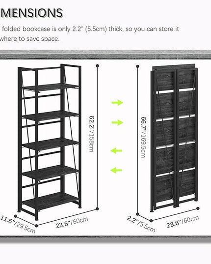 4NM No-Assembly Folding Bookshelf Storage Shelves 5 Tiers Vintage Bookcase Standing Racks Study Organizer Home Office (Gray) - LeafyLoom