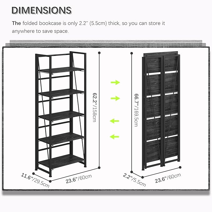 4NM No-Assembly Folding Bookshelf Storage Shelves 5 Tiers Vintage Bookcase Standing Racks Study Organizer Home Office (Gray) - LeafyLoom