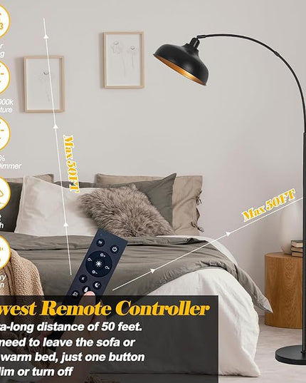 Arch Floor Lamps with Remote - Dimmable Floor Lamp 70”, Black Tall Lamp with 360° Adjustable Hanging Metal Shade, Arc Lamps Floor Standing with 9W Bulb, Over Couch Lamp for Living Room, Bedroom - LeafyLoom