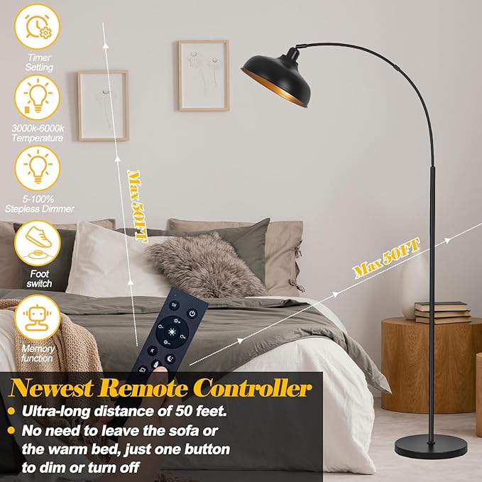 Arch Floor Lamps with Remote - Dimmable Floor Lamp 70”, Black Tall Lamp with 360° Adjustable Hanging Metal Shade, Arc Lamps Floor Standing with 9W Bulb, Over Couch Lamp for Living Room, Bedroom - LeafyLoom