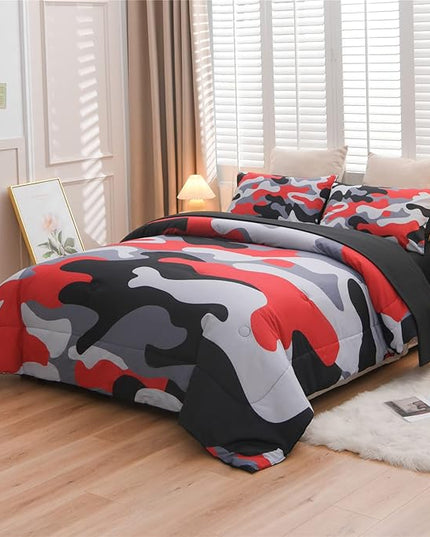 Meeting Story Camouflage Bedding Set, Colorful Pattern Style Comforter Set, 5 PCS One Comforter Two Pillowcases Two Sheets in One Bag, All Season Bedspread for Kids Teens Adults (Black, Twin 5Pcs) - LeafyLoom