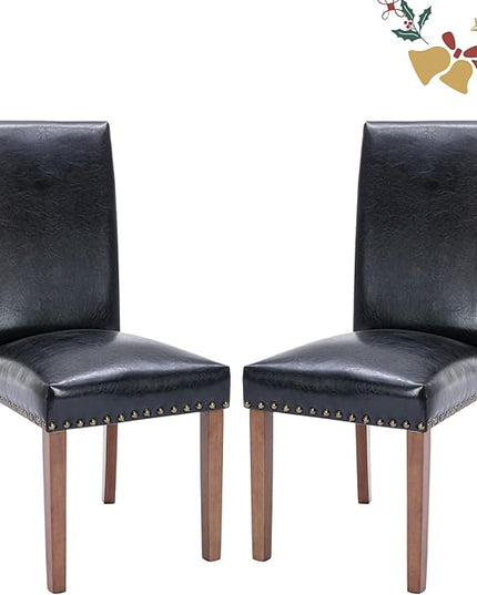 Parsons Dining Chairs Set of 2, Upholstered Nailhead PU Leather Dining Room Kitchen Side Chair with Thick Cushions and Wood Legs, Black - LeafyLoom