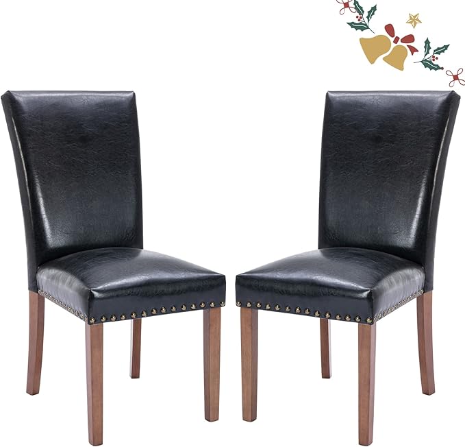 Parsons Dining Chairs Set of 2, Upholstered Nailhead PU Leather Dining Room Kitchen Side Chair with Thick Cushions and Wood Legs, Black - LeafyLoom