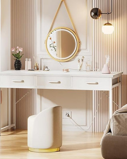 AODK Vanity Desk without Mirror, Makeup Vanity with 3 Fabric Drawers, White Vanity Desk Dressing Vanity Table with Charging Station, 54 Inch Large Girl Vanity, Desk Make Up Vanity for Girls, White - LeafyLoom