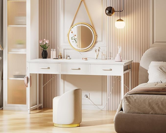 AODK Vanity Desk without Mirror, Makeup Vanity with 3 Fabric Drawers, White Vanity Desk Dressing Vanity Table with Charging Station, 54 Inch Large Girl Vanity, Desk Make Up Vanity for Girls, White - LeafyLoom