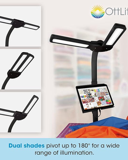 OttLite Dual Shade LED Standing Floor Lamp with Adjustable Stand - Wide Range of Illumination with Built-in 2.1A USB Charging Port and Flexible Neck - 4 Brightness Settings for Reading & Studying - LeafyLoom