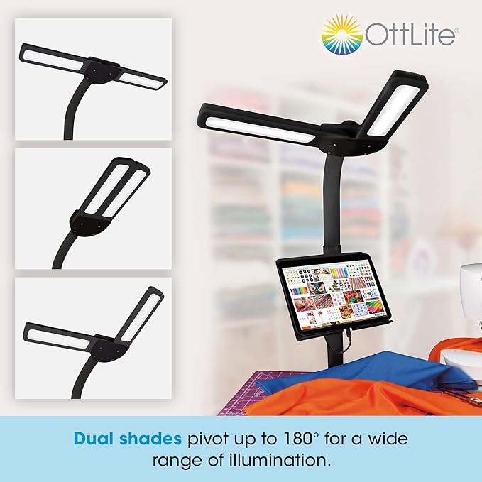 OttLite Dual Shade LED Standing Floor Lamp with Adjustable Stand - Wide Range of Illumination with Built-in 2.1A USB Charging Port and Flexible Neck - 4 Brightness Settings for Reading & Studying - LeafyLoom