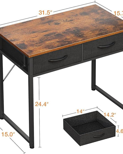 ODK Small Desk with Fabric Drawers- for Bedroom, Vanity Desk with Storage, Home Office Computer Desk for Small Spaces, 32 Inch Modern Work Writing Study Table, Vintage - LeafyLoom