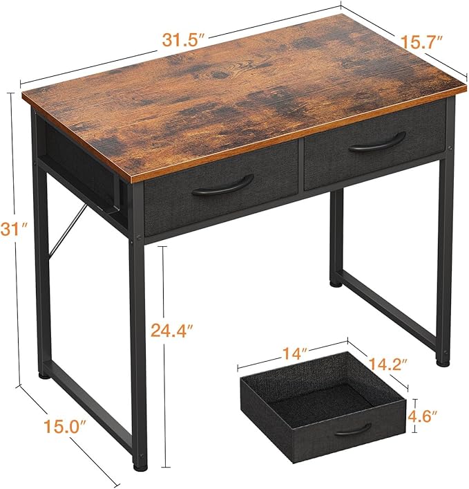 ODK Small Desk with Fabric Drawers- for Bedroom, Vanity Desk with Storage, Home Office Computer Desk for Small Spaces, 32 Inch Modern Work Writing Study Table, Vintage - LeafyLoom