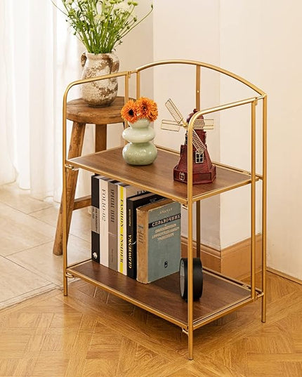 No Assembly Folding Bookshelf for Living Room, 2 Tier Gold Collapsible Book Shelf for Home Office, Portable Bookcase Storage Organizer - LeafyLoom