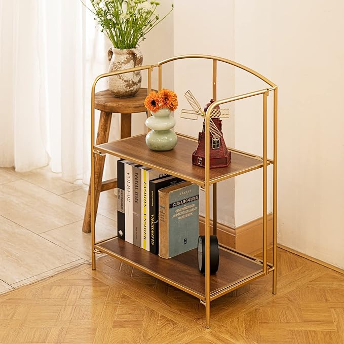 No Assembly Folding Bookshelf for Living Room, 2 Tier Gold Collapsible Book Shelf for Home Office, Portable Bookcase Storage Organizer - LeafyLoom