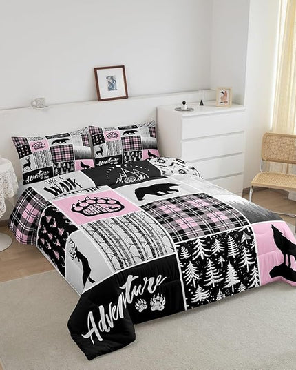 Rustic Farmhouse Comforter Set Full Size,Deer Bear Wolf Hunting Animals Bedding Set for Kids Boys Girls Adults Room Decor,Pine Trees Patchwork Down Comforter,Pink Xmas Duvet Insert,2 Pillowcases - LeafyLoom