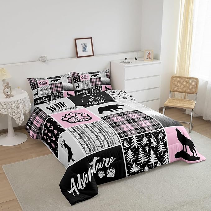 Rustic Farmhouse Comforter Set Full Size,Deer Bear Wolf Hunting Animals Bedding Set for Kids Boys Girls Adults Room Decor,Pine Trees Patchwork Down Comforter,Pink Xmas Duvet Insert,2 Pillowcases - LeafyLoom