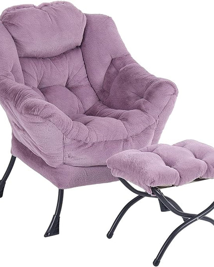 Oversized Chair with Ottoman, Modern Chair with Folding Footrest, Lounge Accent Chair, Comfortable Reading Chair for Bedroom, Study, Living Room, Courtyard (Plush Purple) - LeafyLoom