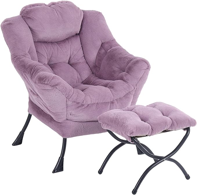Oversized Chair with Ottoman, Modern Chair with Folding Footrest, Lounge Accent Chair, Comfortable Reading Chair for Bedroom, Study, Living Room, Courtyard (Plush Purple) - LeafyLoom