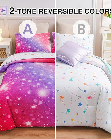 A Nice Night 6Pcs Gradient Glitter Bedding Set for Girls, Colorful Rainbow Galaxy Comforter Set, Ultra Soft Bedding Sets (Pink-Purple,Twin 6Pcs) - LeafyLoom