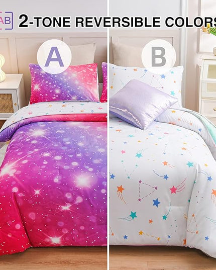 A Nice Night 6Pcs Gradient Glitter Bedding Set for Girls, Colorful Rainbow Galaxy Comforter Set, Ultra Soft Bedding Sets (Pink-Purple,Full 6Pcs) - LeafyLoom