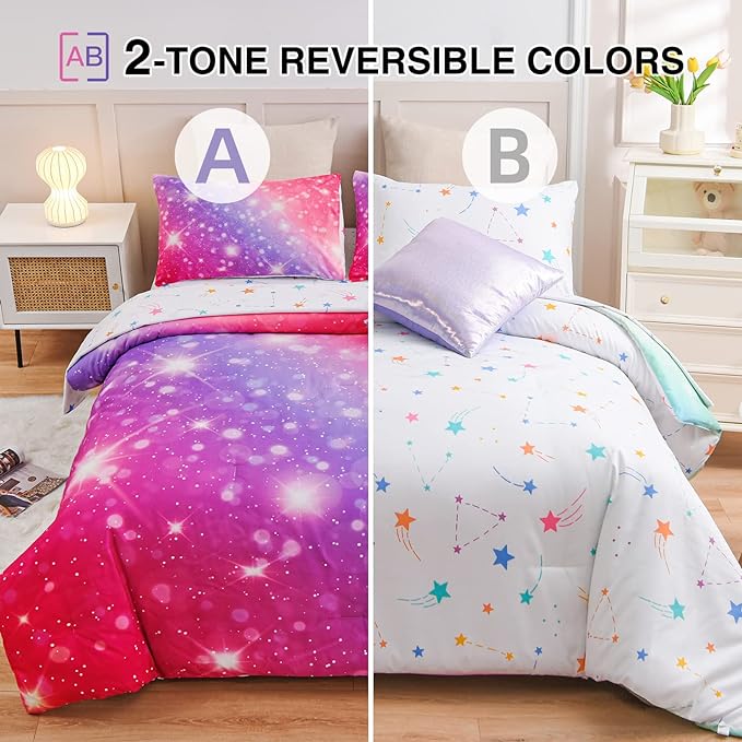 A Nice Night 6Pcs Gradient Glitter Bedding Set for Girls, Colorful Rainbow Galaxy Comforter Set, Ultra Soft Bedding Sets (Pink-Purple,Full 6Pcs) - LeafyLoom