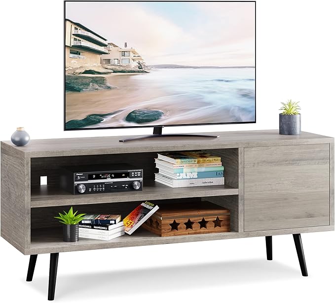 Shintenchi Mid Century Modern TV Stand for TVs up to 55 inches, Wood TV Console Table Media Cabinet with Storage, Entertainment Center for Living Room Bedroom,Grey - LeafyLoom